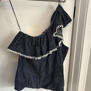 Parker Chambray Polka Dot One Shoulder Ruffle Pom-Pom Trim Blue Cropped Blouse L